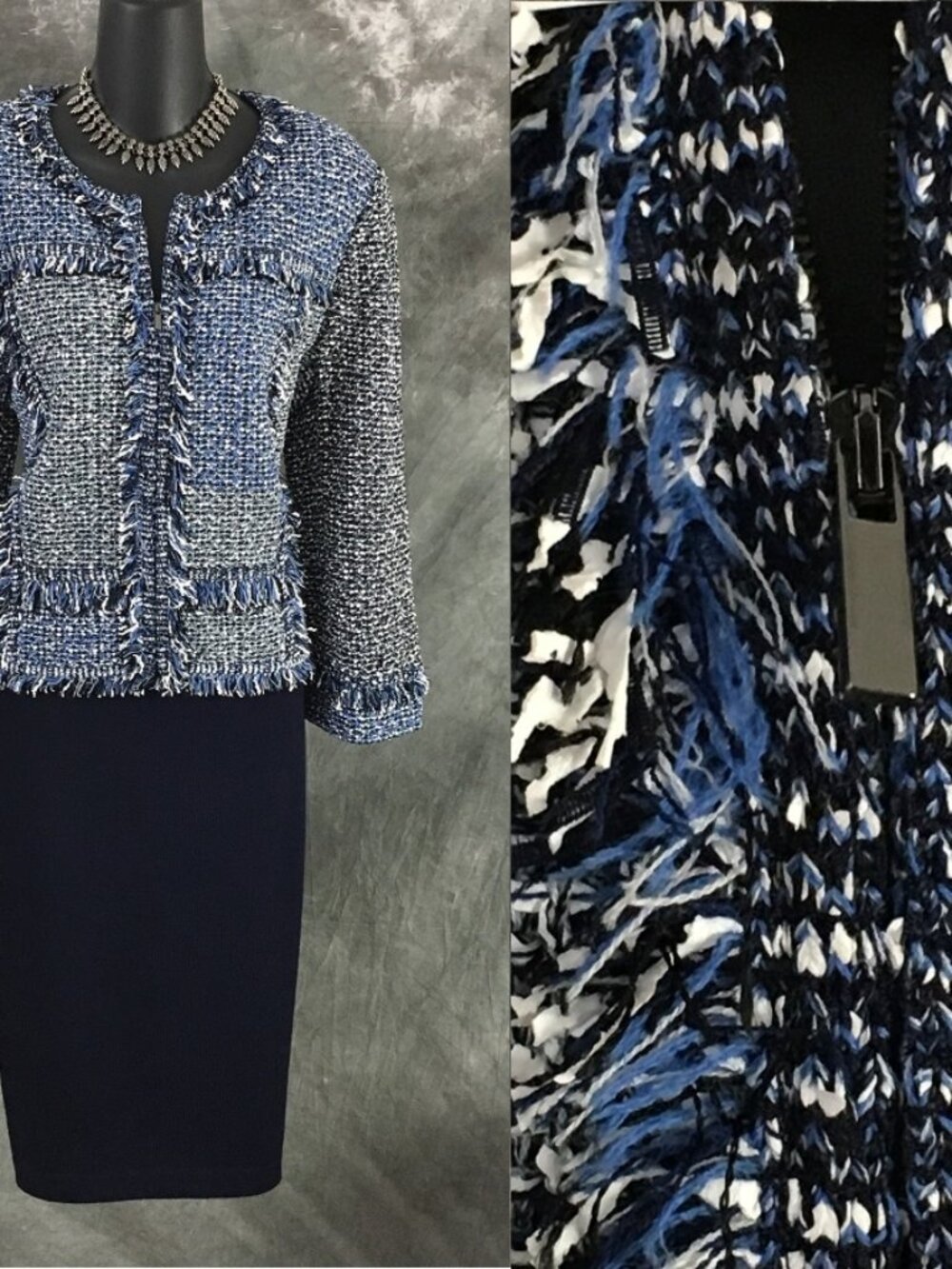 NWT NEW BEAUTIFUL St John knit Blue white fringe jacket skirt suit 10 12